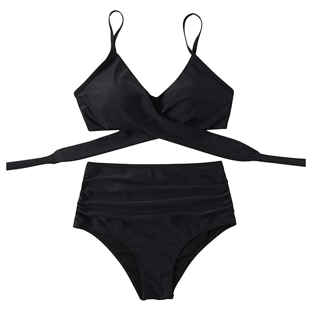 Hot 12 Colors Women Slim Bikini Sets High Waisted Sexy Swimwear 2 Pieces  Solid/Floral Ruched Brazilian Swimsuit Cross Front