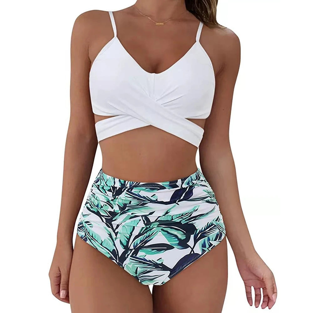 Hot 12 Colors Women Slim Bikini Sets High Waisted Sexy Swimwear 2 Pieces  Solid/Floral Ruched Brazilian Swimsuit Cross Front