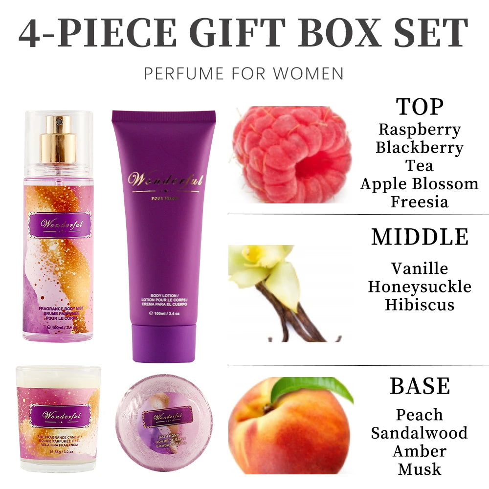 Wonderful- Fragrances by Traci K Beauty 4 Piece Gift Box Set Women's Fragrance Sets 3.4fl.oz Body Mist, 3.4fl.oz Body Lotion, 3oz Candle and 2oz Bath Bomb 4 Pcs WONDERFUL Gift for Women