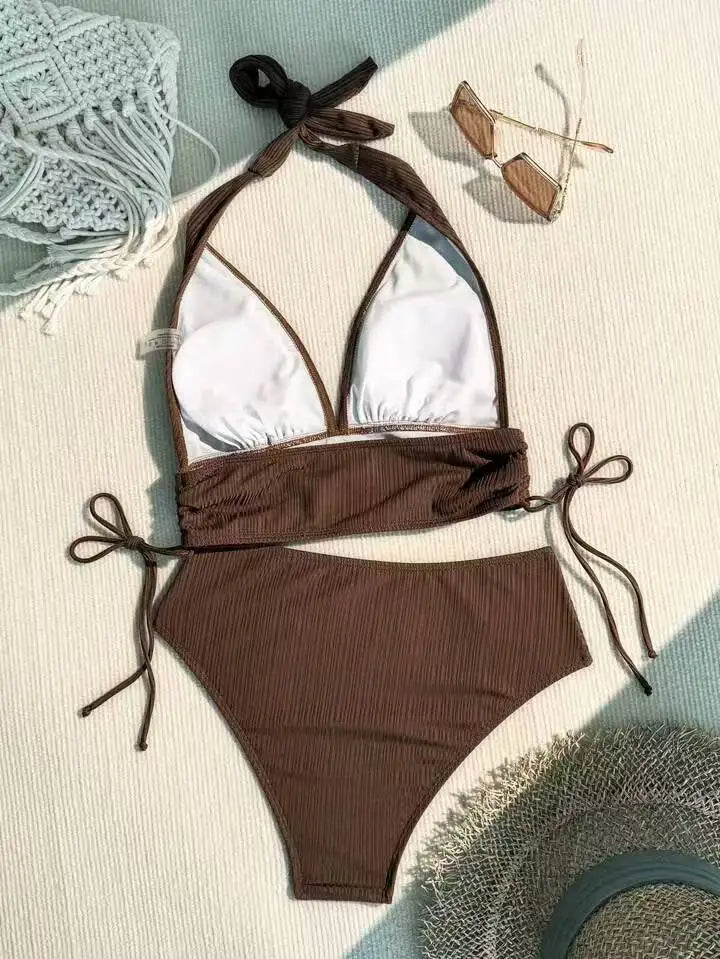 New Women's Pure Color Hanging Neck Bikini Swimsuit Separate Design Sport Fitness Swimmingwear Casual Chic Underwear