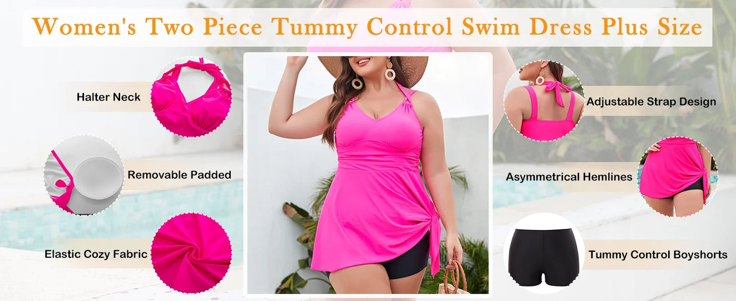 Plus Size Two Piece Tankini Swimsuits For Women V Neck Halter Asymmetrical Hem Swim Dress High Waist Shorts Swimwear