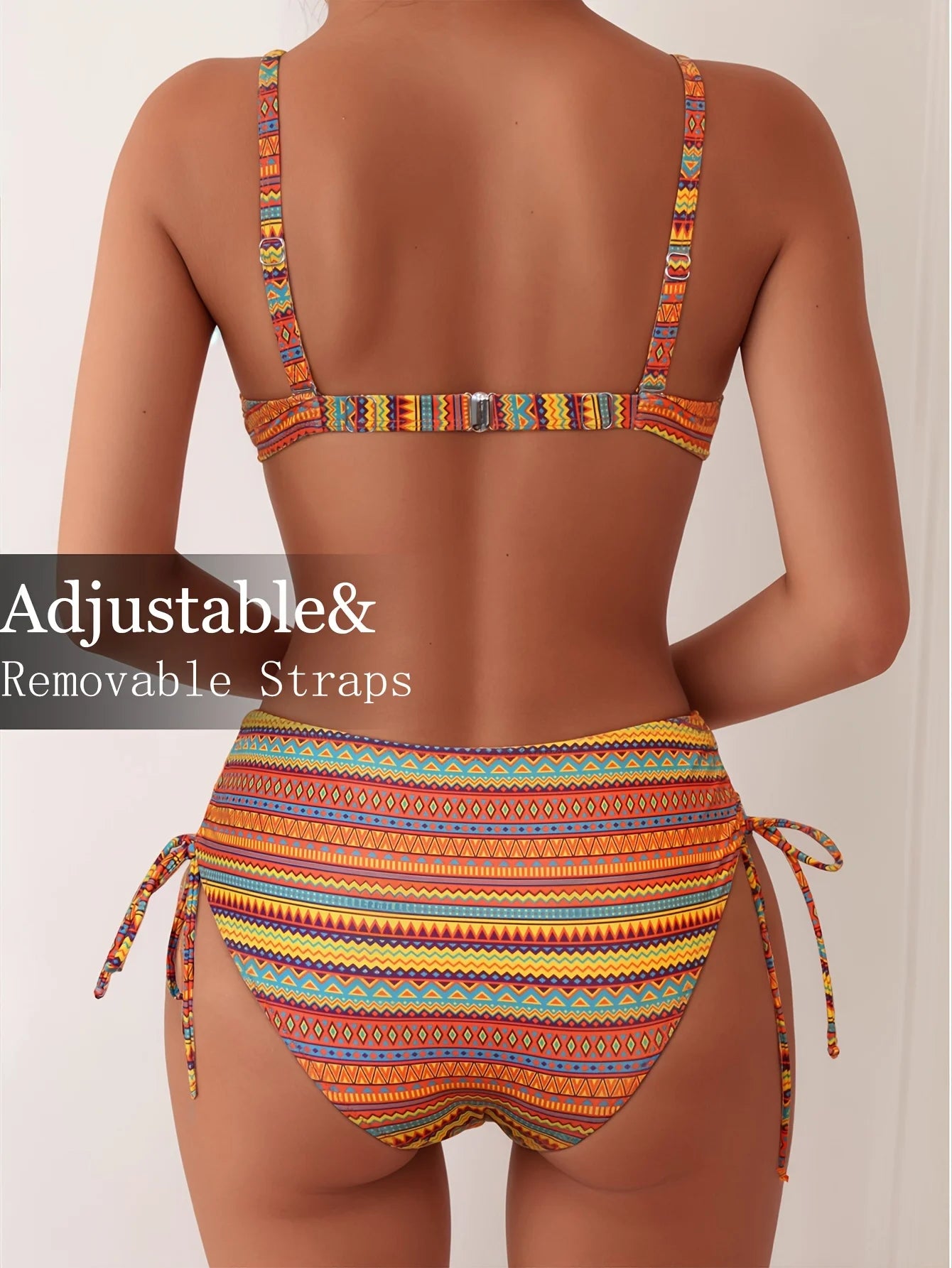 new summer orange print pants drawstring design swimsuit two-piece set