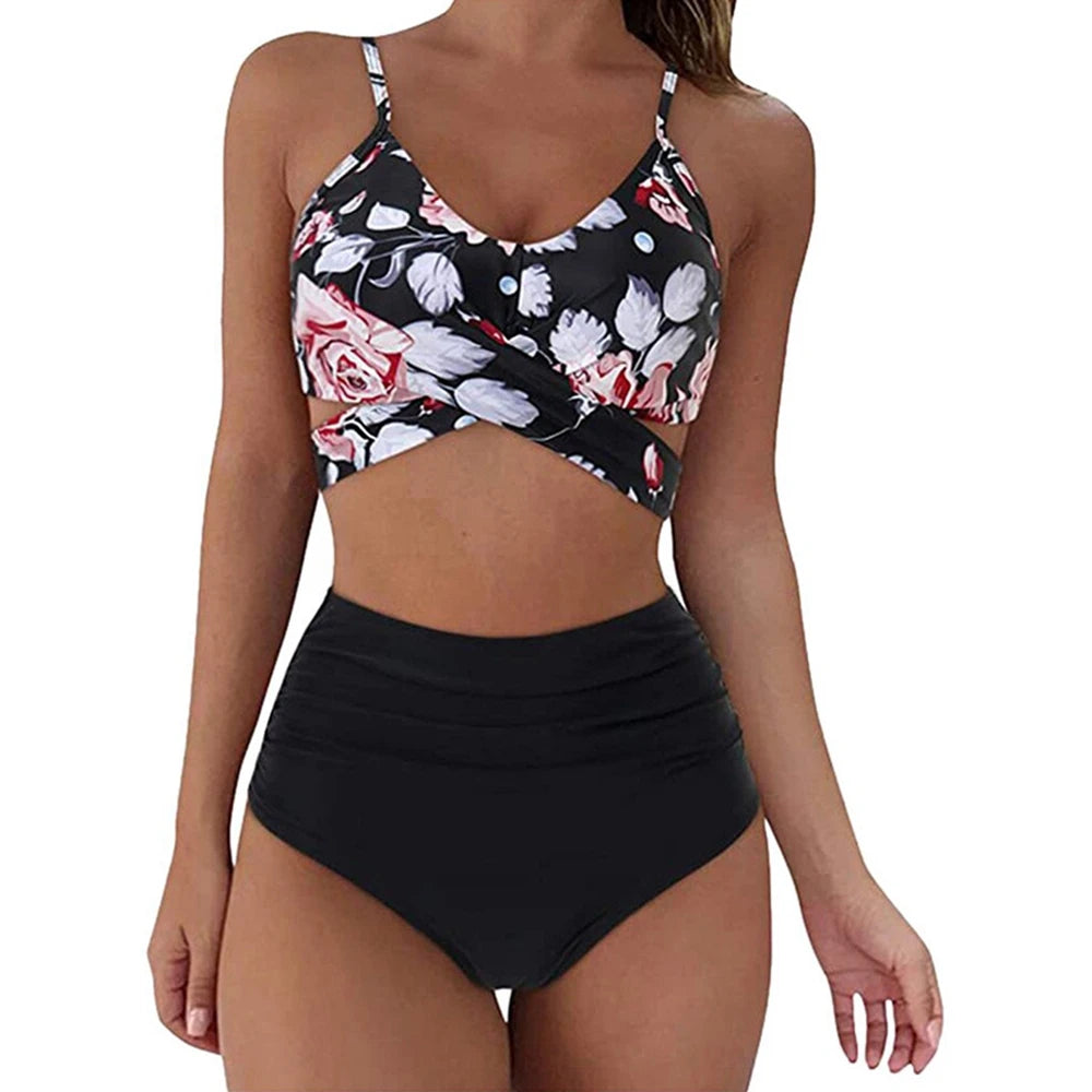 Hot 12 Colors Women Slim Bikini Sets High Waisted Sexy Swimwear 2 Pieces  Solid/Floral Ruched Brazilian Swimsuit Cross Front