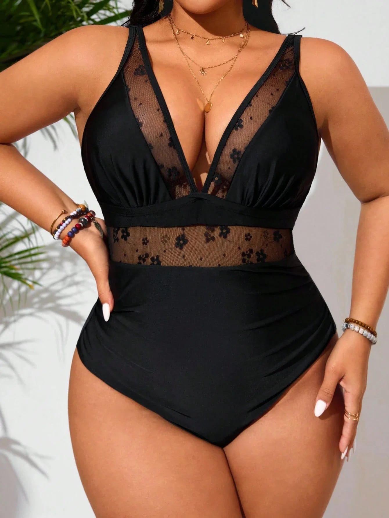 Plus Size One Piece Swimsuit With Mesh Panel And Ruched Tummy For Women Summer Vacation