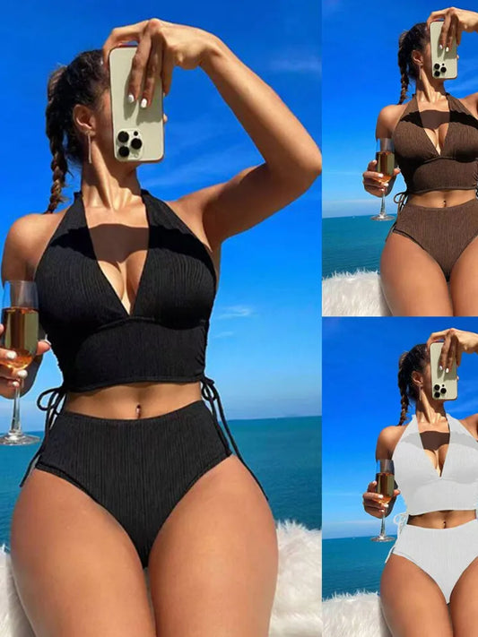 New Women's Pure Color Hanging Neck Bikini Swimsuit Separate Design Sport Fitness Swimmingwear Casual Chic Underwear