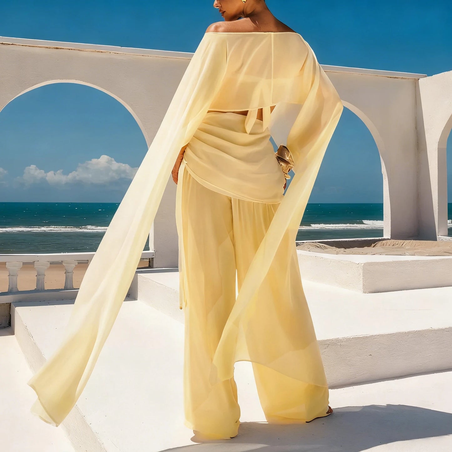 Women Chiffon Long Cape Mesh Sheer See Thru Coverup High Low Flowy Poncho Wraps Capelets Bridal Wedding Evening Party