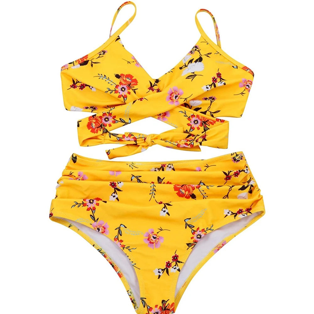 Hot 12 Colors Women Slim Bikini Sets High Waisted Sexy Swimwear 2 Pieces  Solid/Floral Ruched Brazilian Swimsuit Cross Front