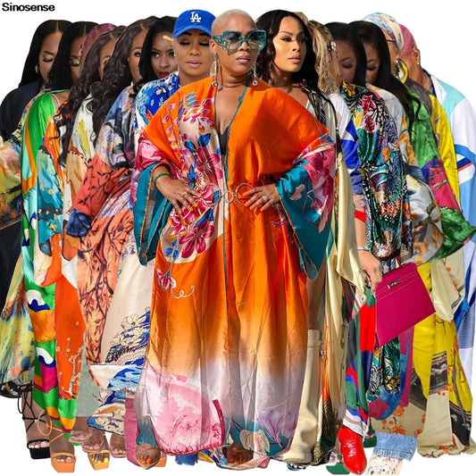 Women's Satin Open Front Cardigan Kimono Duster Sexy Beach Cover-Up Loose Long Flowy Maxi Kimonos Floral Print Cardigan