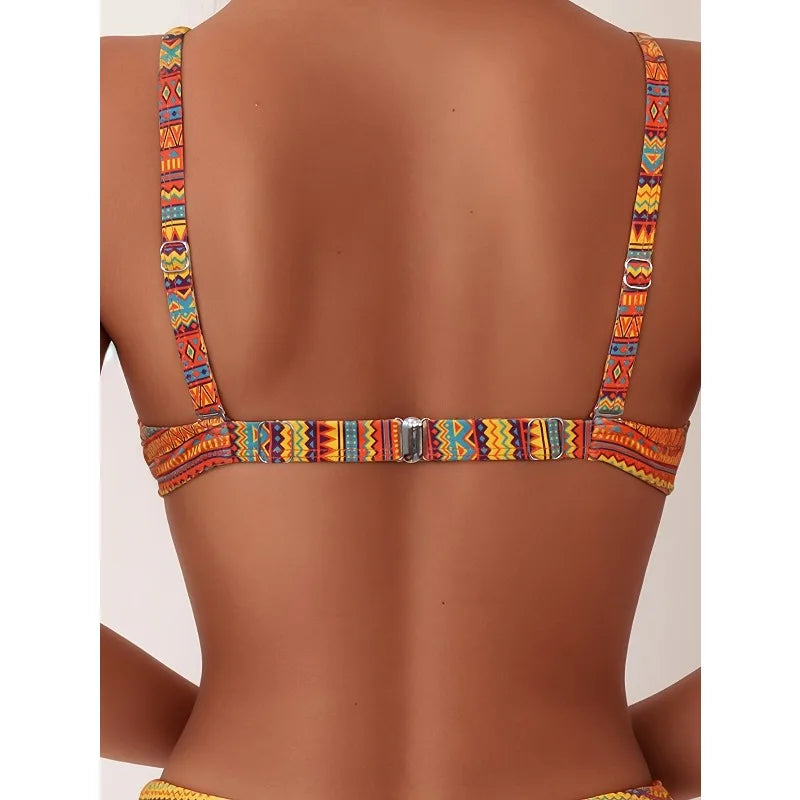 new summer orange print pants drawstring design swimsuit two-piece set