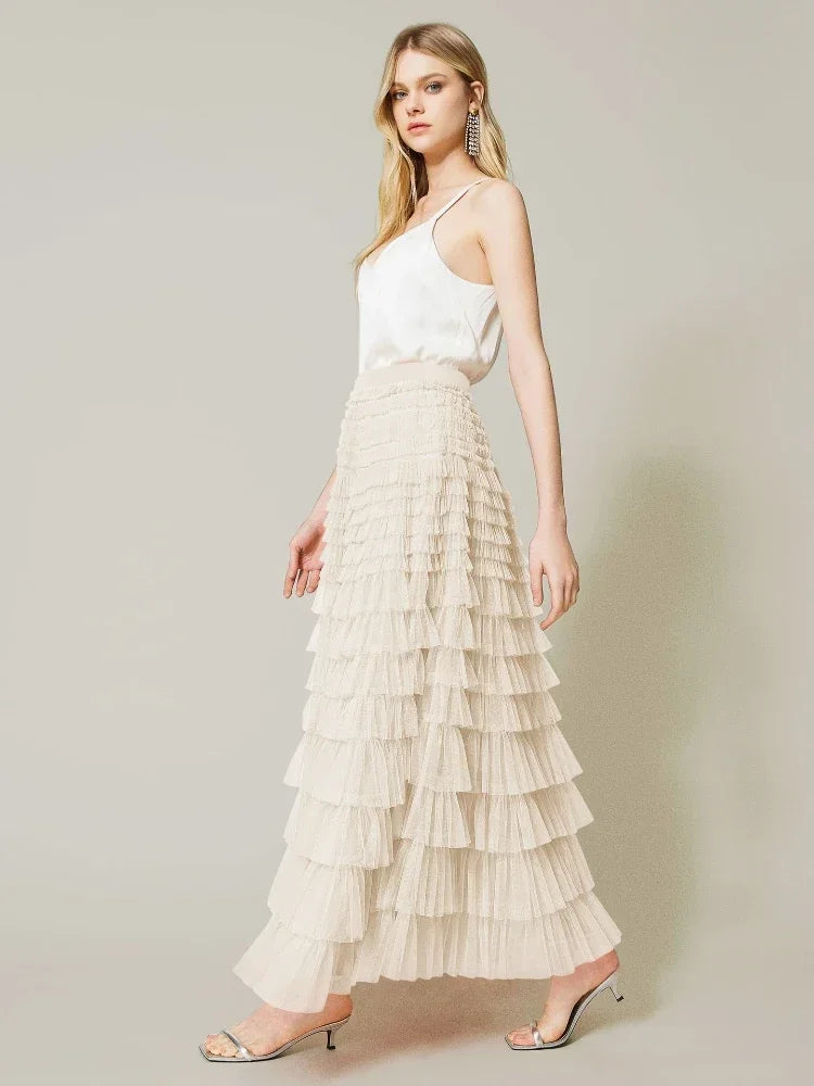 Casual Solid Women Tierred Ball Gown Skirts Tulle High Waist Pleated Long Tutu Skirt Elegant Ladies Wild Mesh Dating Maxi Skirts