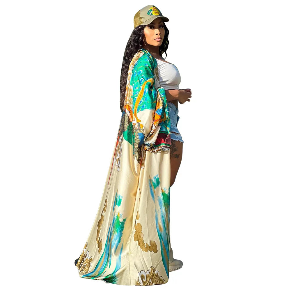Women's Satin Open Front Cardigan Kimono Duster Sexy Beach Cover-Up Loose Long Flowy Maxi Kimonos Floral Print Cardigan