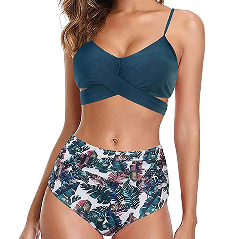 Hot 12 Colors Women Slim Bikini Sets High Waisted Sexy Swimwear 2 Pieces  Solid/Floral Ruched Brazilian Swimsuit Cross Front