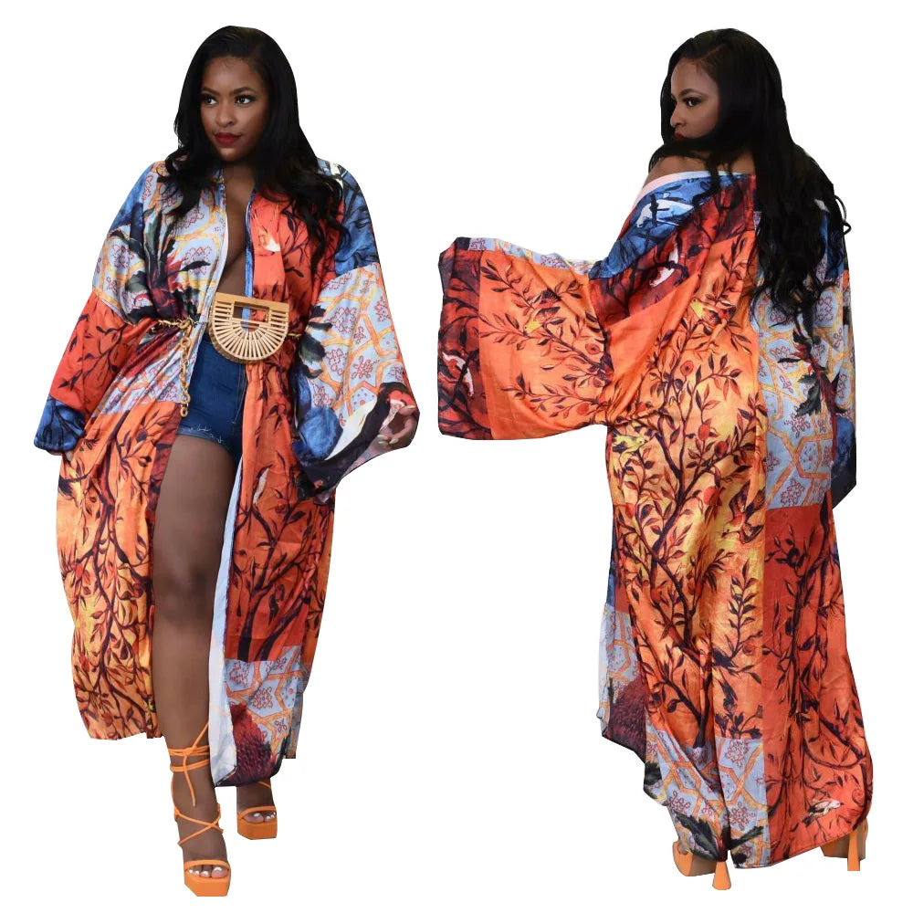 Women's Satin Open Front Cardigan Kimono Duster Sexy Beach Cover-Up Loose Long Flowy Maxi Kimonos Floral Print Cardigan