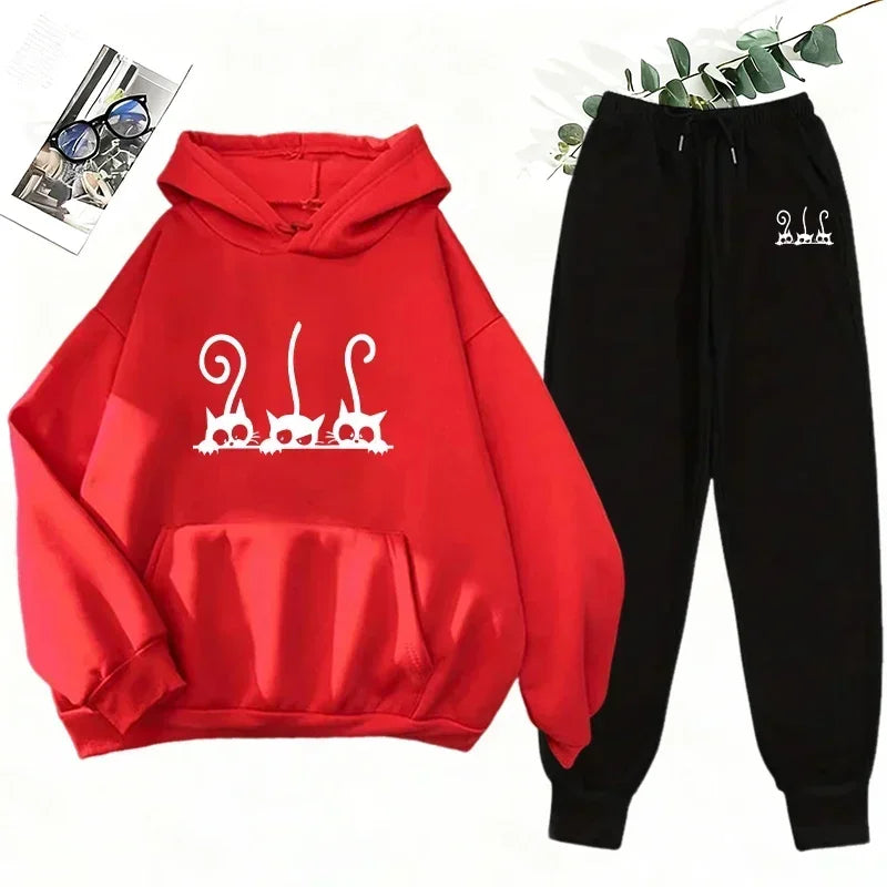 Cutie Crypto Cat Print Hoodie Sweatpants Women's Tracksuit Urban Casual Fashion Sportswear Fall Winter Home Outdoor Warm Outfits