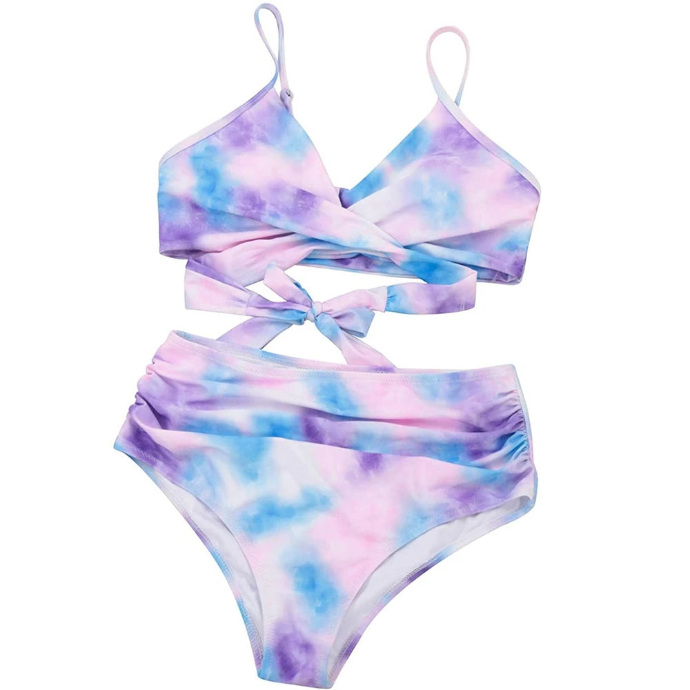 Hot 12 Colors Women Slim Bikini Sets High Waisted Sexy Swimwear 2 Pieces  Solid/Floral Ruched Brazilian Swimsuit Cross Front