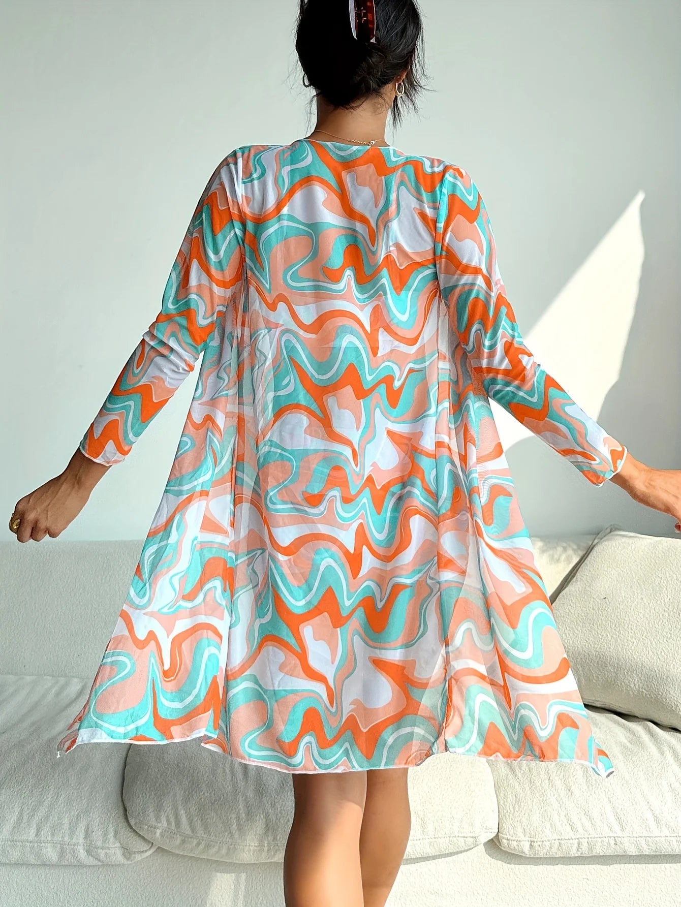 Three-piece printed drawstring bikini set, stylish high-waisted swimsuit with long-sleeved tulle blouse and kimono shirt