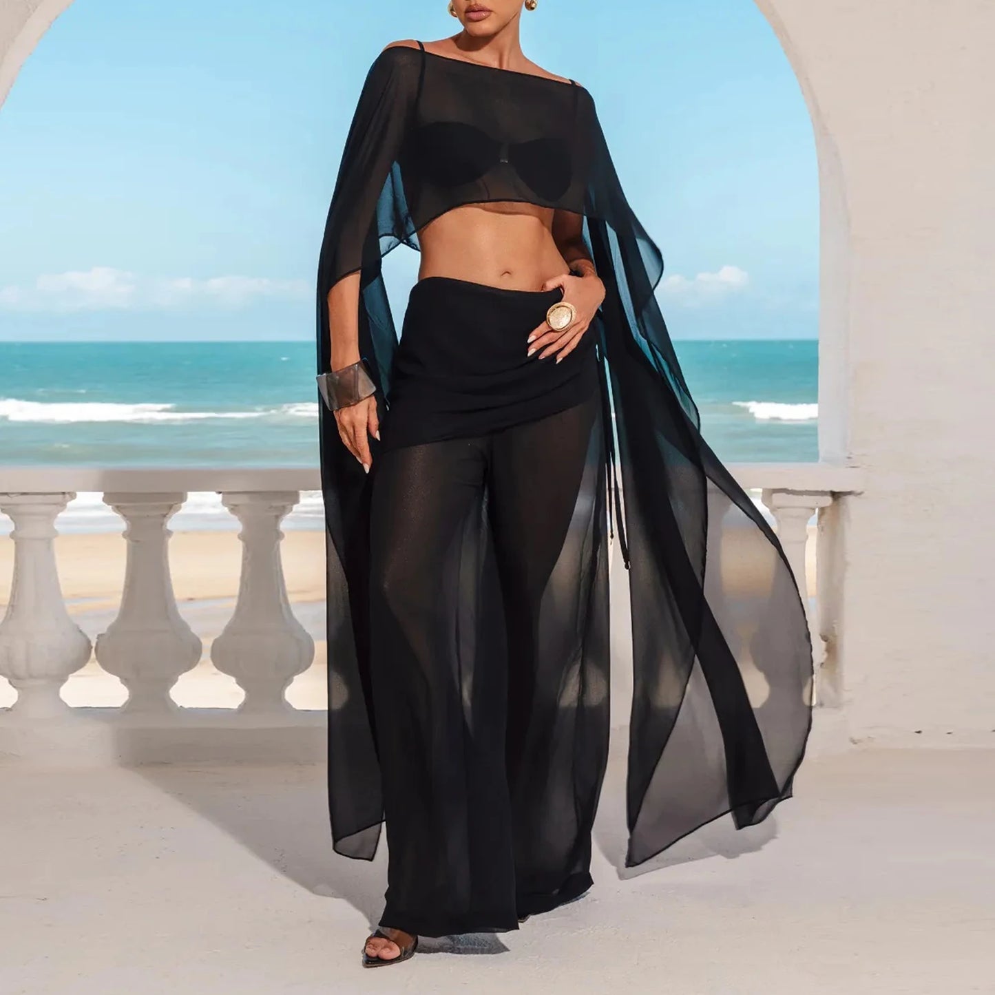 Women Chiffon Long Cape Mesh Sheer See Thru Coverup High Low Flowy Poncho Wraps Capelets Bridal Wedding Evening Party