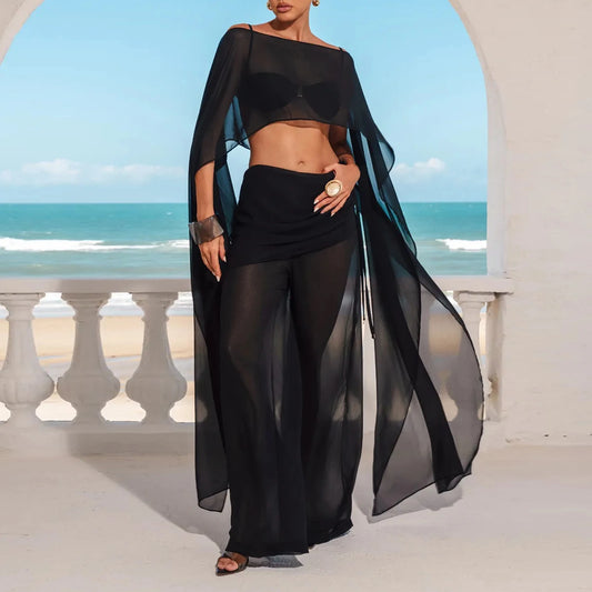 Women Chiffon Long Cape Mesh Sheer See Thru Coverup High Low Flowy Poncho Wraps Capelets Bridal Wedding Evening Party