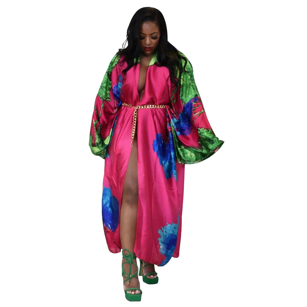 Women's Satin Open Front Cardigan Kimono Duster Sexy Beach Cover-Up Loose Long Flowy Maxi Kimonos Floral Print Cardigan