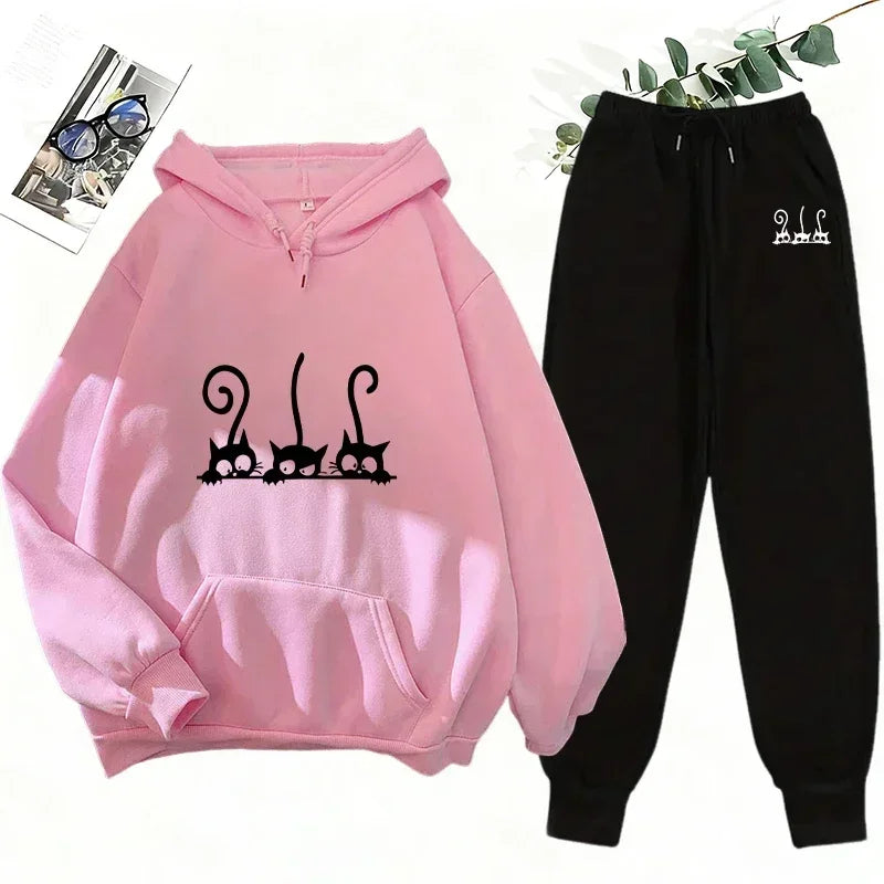 Cutie Crypto Cat Print Hoodie Sweatpants Women's Tracksuit Urban Casual Fashion Sportswear Fall Winter Home Outdoor Warm Outfits