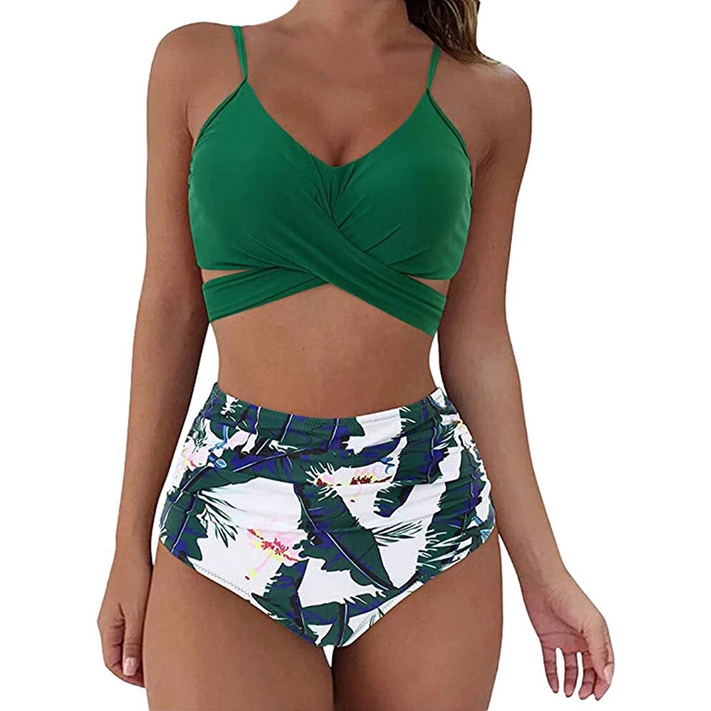 Hot 12 Colors Women Slim Bikini Sets High Waisted Sexy Swimwear 2 Pieces  Solid/Floral Ruched Brazilian Swimsuit Cross Front