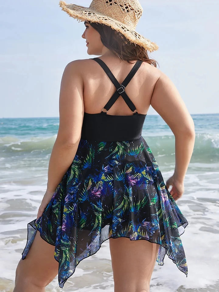 Womens Plus Size One Piece Swimsuit Tummy Control Swimdress Skirtini Cover Up Swimwear Bathing Suits Printed Elegant Beach Wear