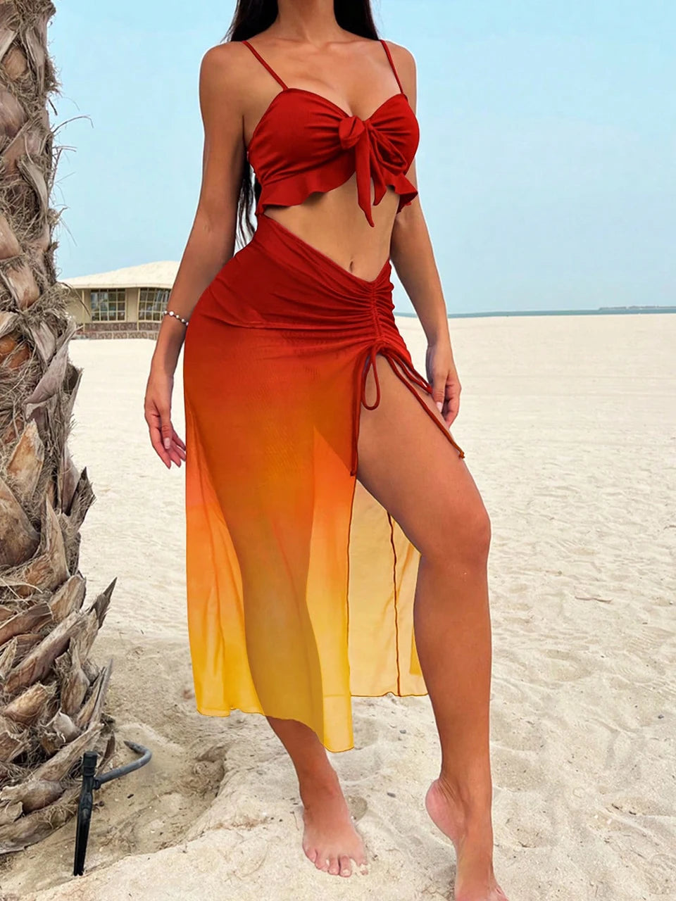 3 Pieces Tie Dye Knot Front Bikinis Women Ruffle Swimwear Female High Waist Swimsuit & Drawstring Beach Skirt Bathing Suit