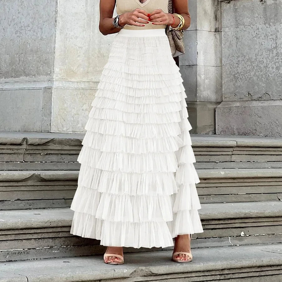 Casual Solid Women Tierred Ball Gown Skirts Tulle High Waist Pleated Long Tutu Skirt Elegant Ladies Wild Mesh Dating Maxi Skirts