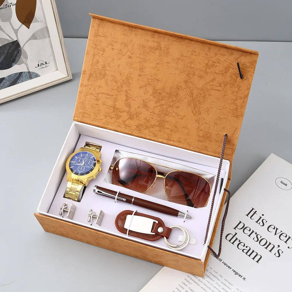 Fancy by Traci K Collection New Watch Men's Gift Set with Box Belt Wallet Set Keychain Sunglasses Cufflinks Ballpoint Pen Father's Day Gift Business Box Set
