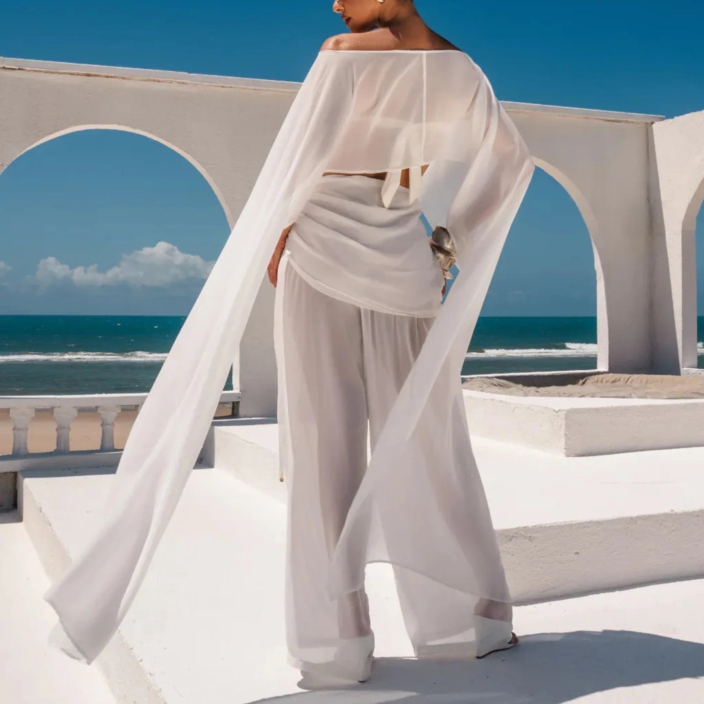Women Chiffon Long Cape Mesh Sheer See Thru Coverup High Low Flowy Poncho Wraps Capelets Bridal Wedding Evening Party