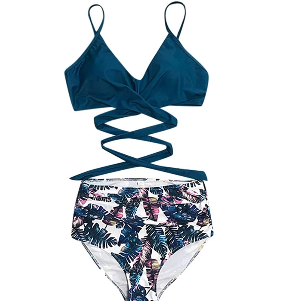 Hot 12 Colors Women Slim Bikini Sets High Waisted Sexy Swimwear 2 Pieces  Solid/Floral Ruched Brazilian Swimsuit Cross Front