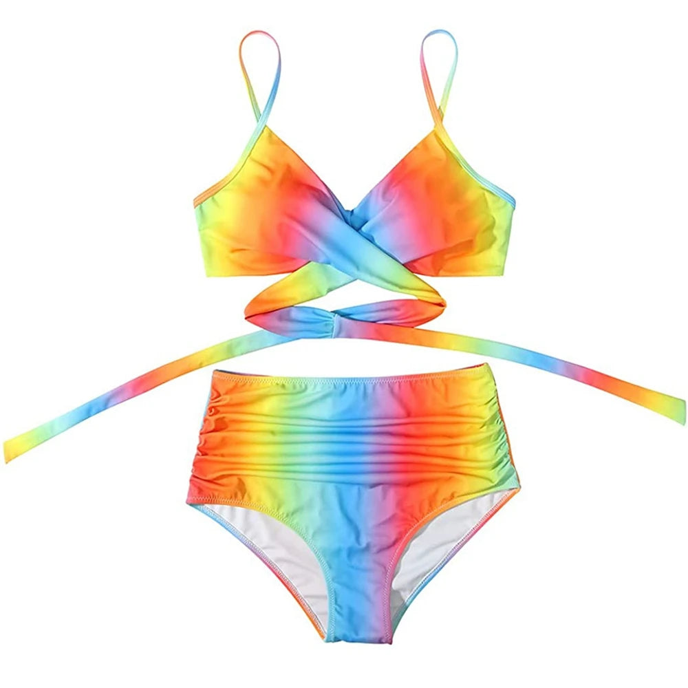 Hot 12 Colors Women Slim Bikini Sets High Waisted Sexy Swimwear 2 Pieces  Solid/Floral Ruched Brazilian Swimsuit Cross Front