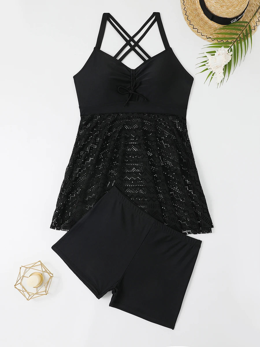 2 Pieces Large Plus Size Tankini Beach Dress Mesh Swimsuit Women Solid Swimwear Female Bathers Bathing Swimming Swim Suit 4XL