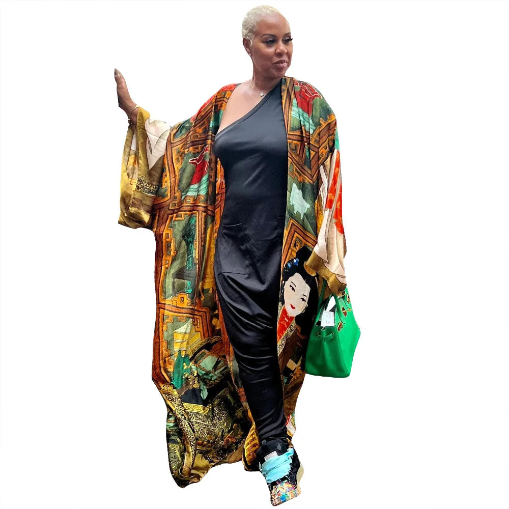 Women's Satin Open Front Cardigan Kimono Duster Sexy Beach Cover-Up Loose Long Flowy Maxi Kimonos Floral Print Cardigan