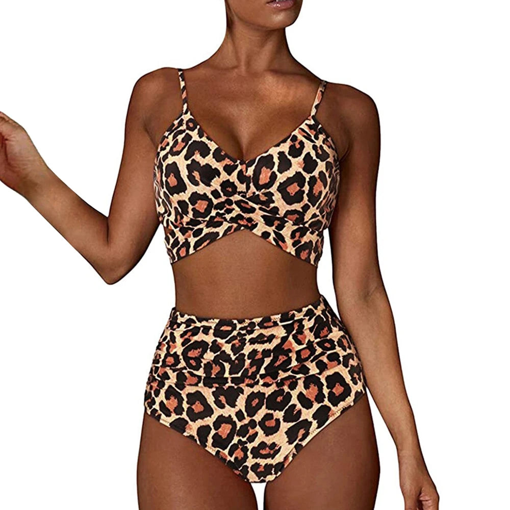 Hot 12 Colors Women Slim Bikini Sets High Waisted Sexy Swimwear 2 Pieces  Solid/Floral Ruched Brazilian Swimsuit Cross Front