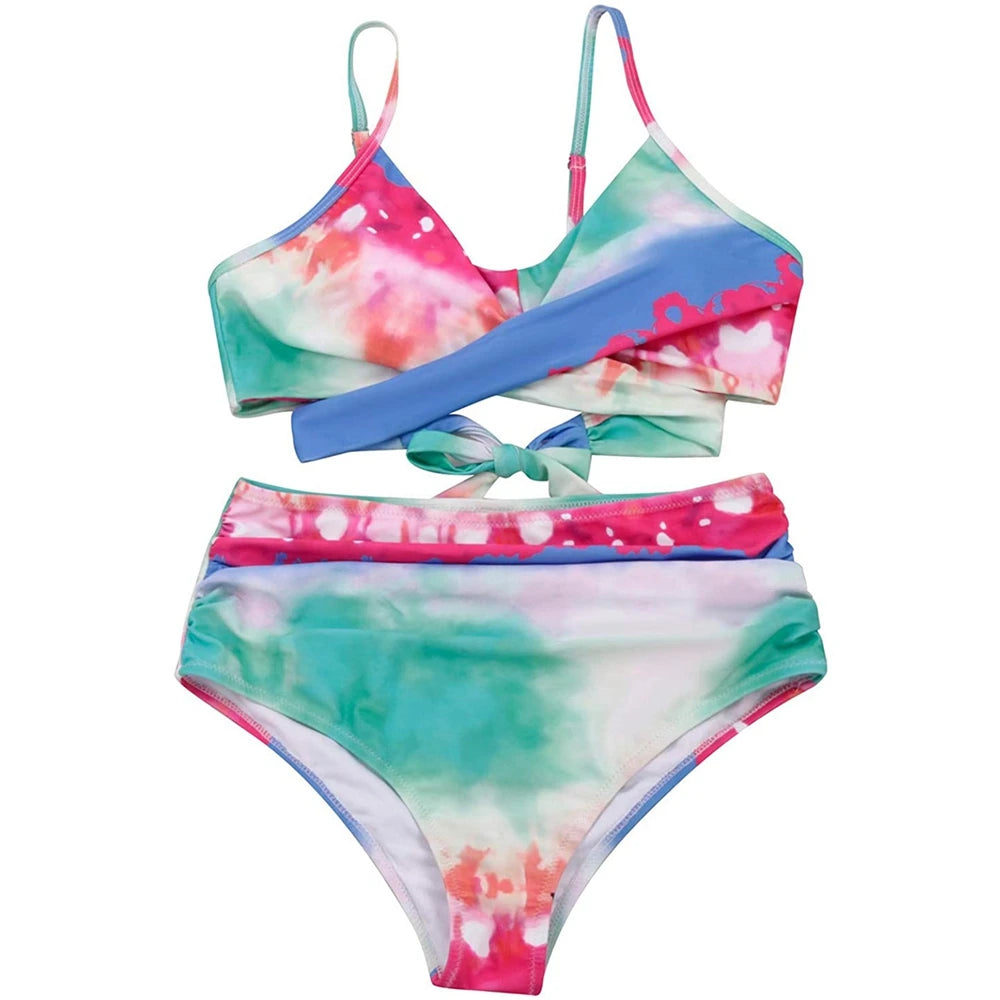 Hot 12 Colors Women Slim Bikini Sets High Waisted Sexy Swimwear 2 Pieces  Solid/Floral Ruched Brazilian Swimsuit Cross Front