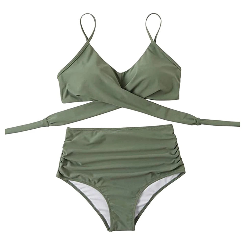 Hot 12 Colors Women Slim Bikini Sets High Waisted Sexy Swimwear 2 Pieces  Solid/Floral Ruched Brazilian Swimsuit Cross Front