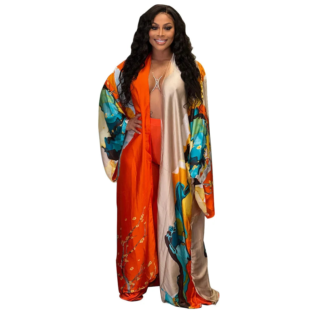 Women's Satin Open Front Cardigan Kimono Duster Sexy Beach Cover-Up Loose Long Flowy Maxi Kimonos Floral Print Cardigan