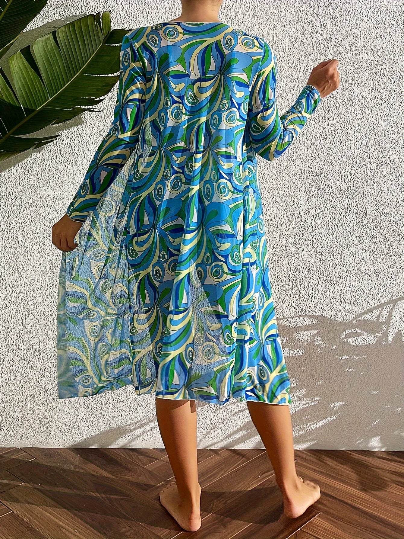 Three-piece printed drawstring bikini set, stylish high-waisted swimsuit with long-sleeved tulle blouse and kimono shirt