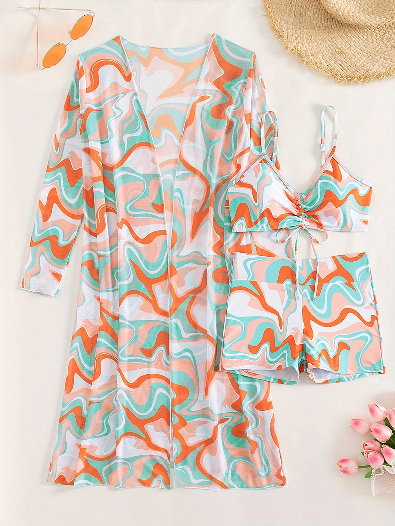Three-piece printed drawstring bikini set, stylish high-waisted swimsuit with long-sleeved tulle blouse and kimono shirt