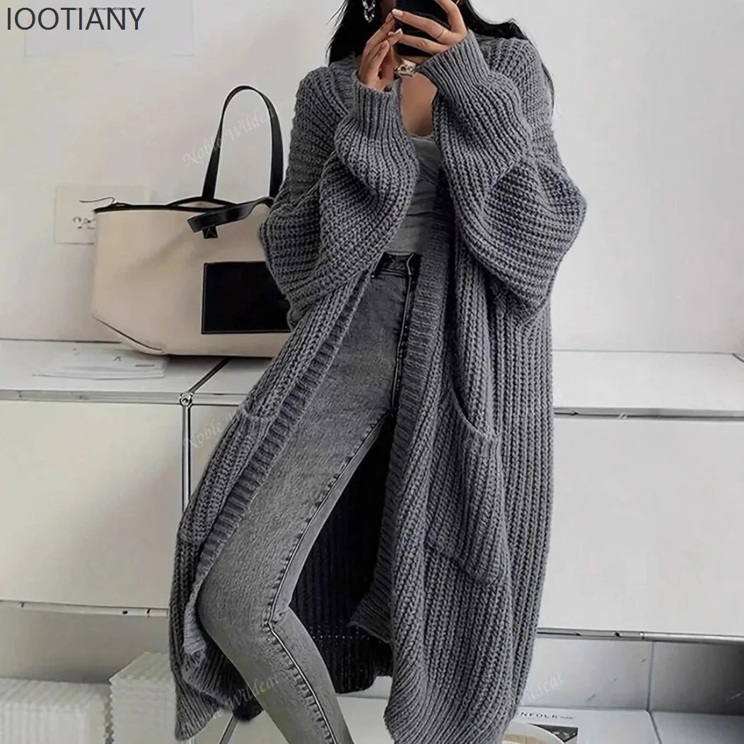 Woman's Long Knitted Casual Coat Autumn Winter Fashion Long Sleeves With Pocket Cardigan Sweater Ladies Comfort Warm Sweaters