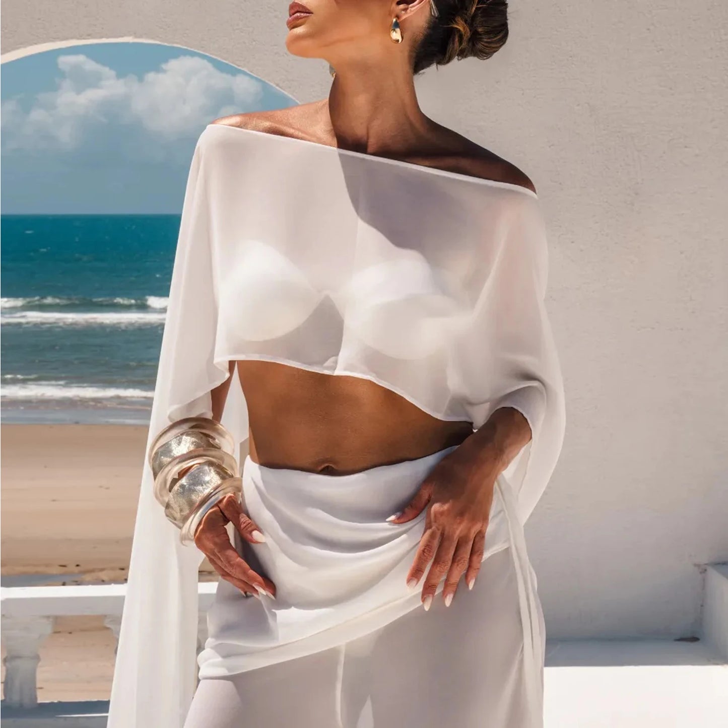 Women Chiffon Long Cape Mesh Sheer See Thru Coverup High Low Flowy Poncho Wraps Capelets Bridal Wedding Evening Party