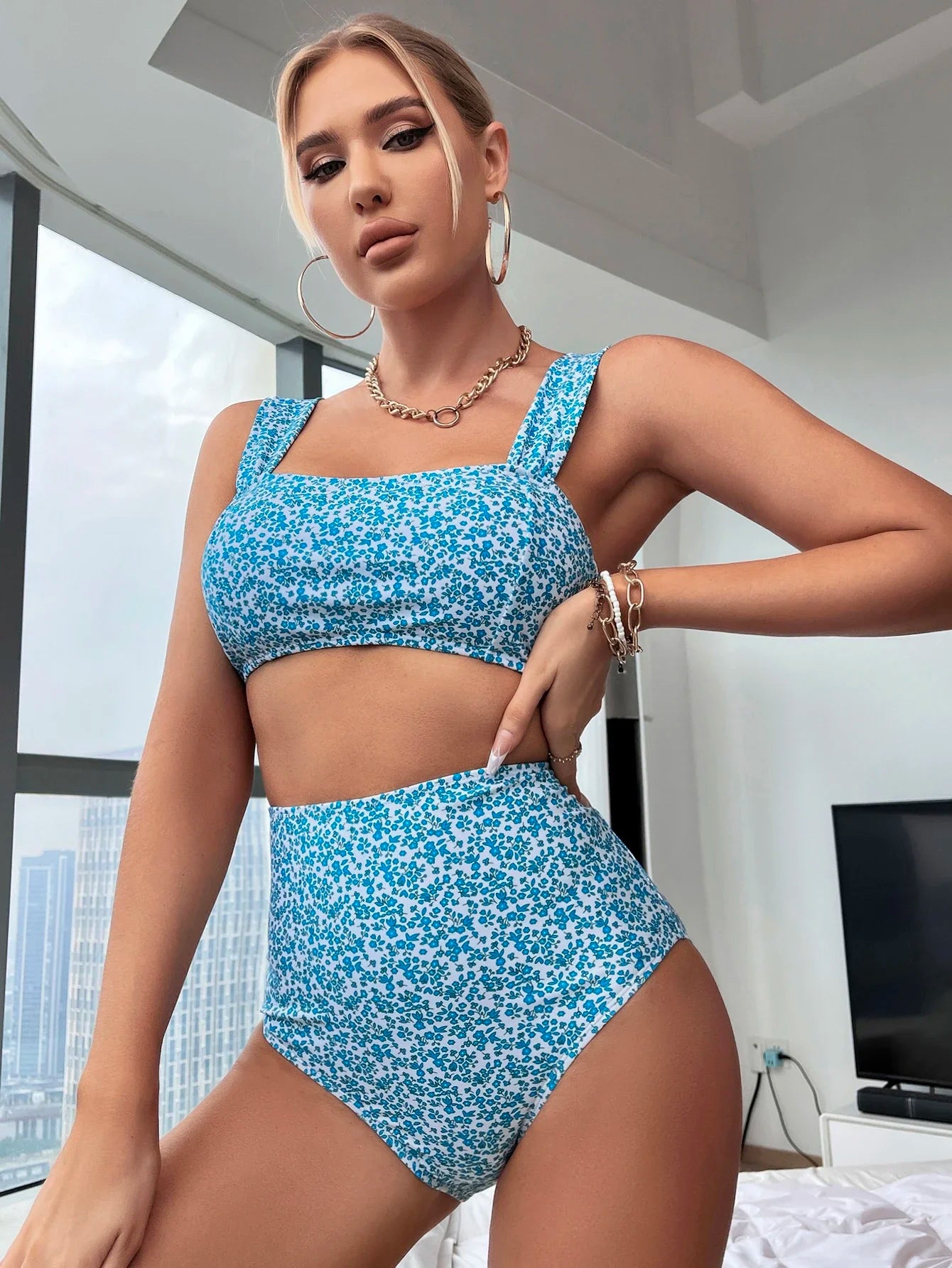 Floral Bikini Set Wireless Bra Top High Waisted Bottom 2 Piece Swimwear