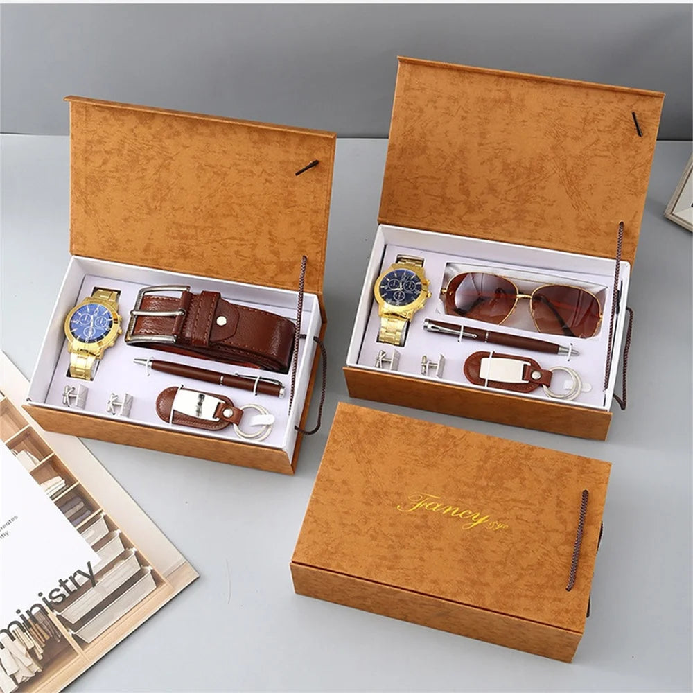 Fancy by Traci K Collection New Watch Men's Gift Set with Box Belt Wallet Set Keychain Sunglasses Cufflinks Ballpoint Pen Father's Day Gift Business Box Set