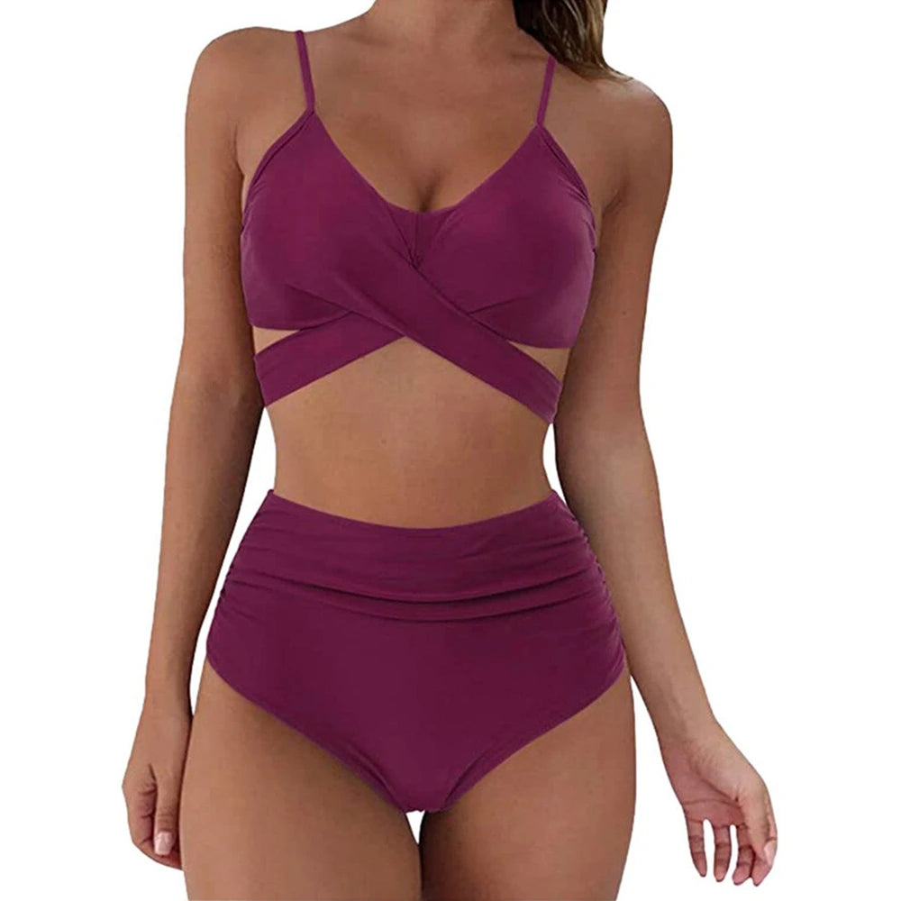 Hot 12 Colors Women Slim Bikini Sets High Waisted Sexy Swimwear 2 Pieces  Solid/Floral Ruched Brazilian Swimsuit Cross Front