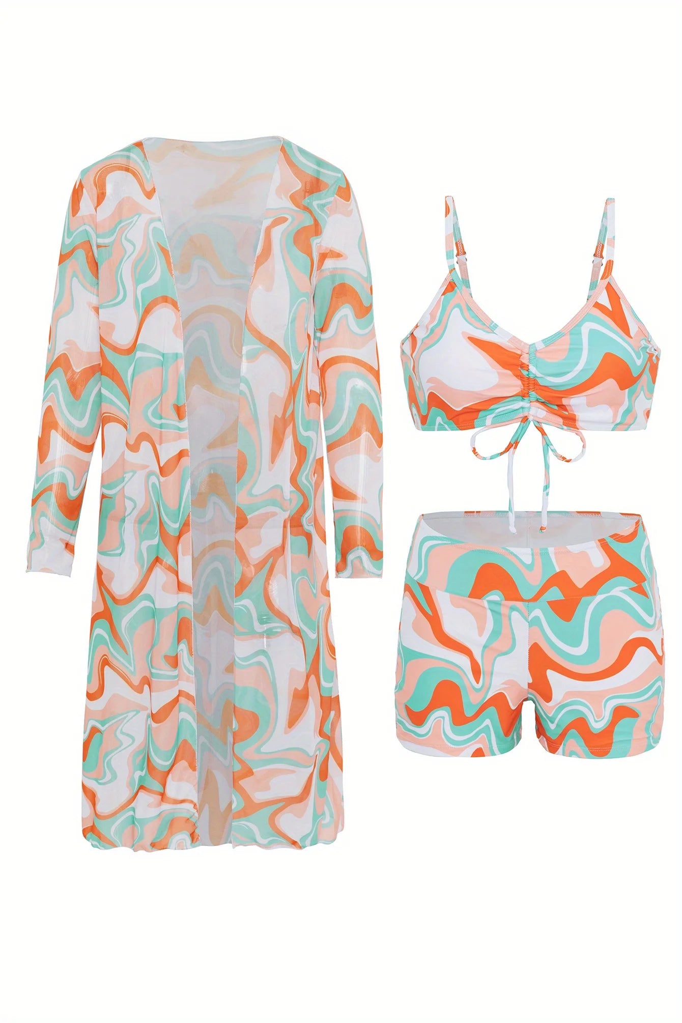 Three-piece printed drawstring bikini set, stylish high-waisted swimsuit with long-sleeved tulle blouse and kimono shirt