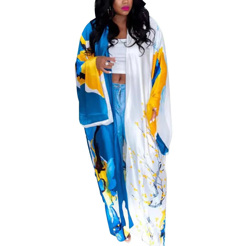 Women's Satin Open Front Cardigan Kimono Duster Sexy Beach Cover-Up Loose Long Flowy Maxi Kimonos Floral Print Cardigan