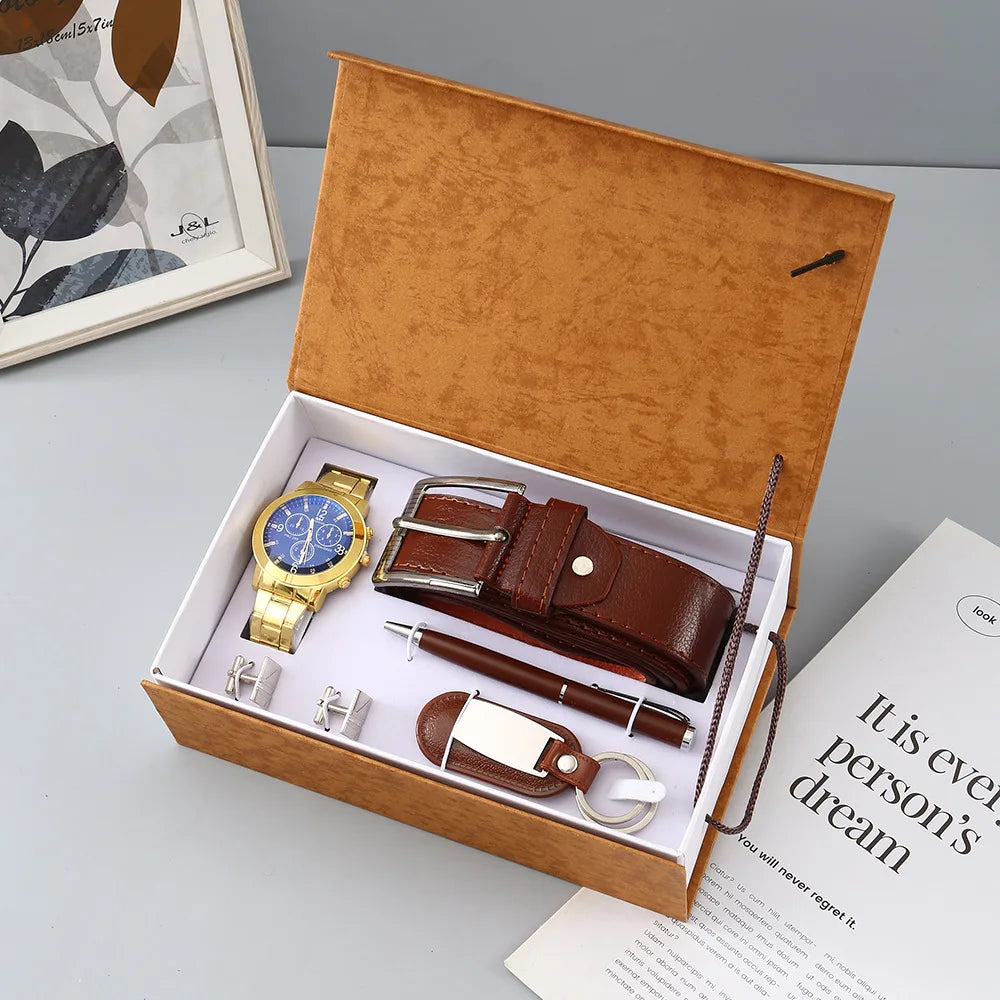 Fancy by Traci K Collection New Watch Men's Gift Set with Box Belt Wallet Set Keychain Sunglasses Cufflinks Ballpoint Pen Father's Day Gift Business Box Set
