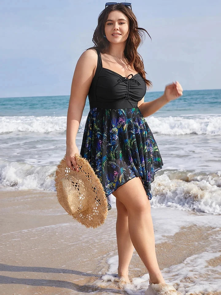 Womens Plus Size One Piece Swimsuit Tummy Control Swimdress Skirtini Cover Up Swimwear Bathing Suits Printed Elegant Beach Wear