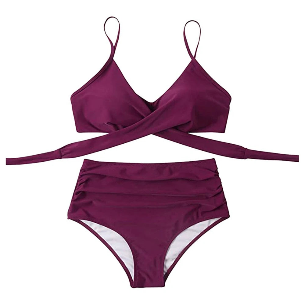 Hot 12 Colors Women Slim Bikini Sets High Waisted Sexy Swimwear 2 Pieces  Solid/Floral Ruched Brazilian Swimsuit Cross Front